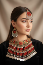 Traditional Afghan Beaded Jewelry Set – Ethnic Necklace with Earrings & Forehead Mantika - Image 2