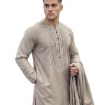 Beige Embroidered Kameez Shalwar with Matching Scarf – Custom Tailored
