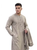 Beige Embroidered Kameez Shalwar with Matching Scarf – Custom Tailored