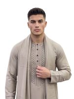 Beige Embroidered Kameez Shalwar with Matching Scarf – Custom Tailored - Image 2