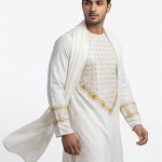 White & Gold Embroidered Kameez Shalwar with Scarf – Custom Tailoring
