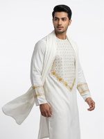 White & Gold Embroidered Kameez Shalwar with Scarf – Custom Tailoring