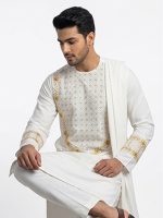 White & Gold Embroidered Kameez Shalwar with Scarf – Custom Tailoring - Image 4