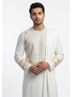 White & Gold Embroidered Kameez Shalwar with Scarf – Custom Tailoring - Image 3