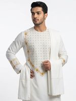 White & Gold Embroidered Kameez Shalwar with Scarf – Custom Tailoring - Image 2