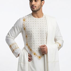 embroidered kameez shalwar set - White & Gold Embroidered Kameez