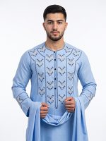 Blue Floral Embroidered Kameez Shalwar with Scarf – Custom Made-to-Measure - Image 2