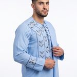 Blue Floral Embroidered Kameez Shalwar with Scarf – Custom Made-to-Measure