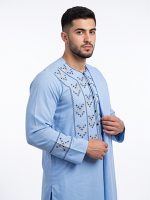 Blue Floral Embroidered Kameez Shalwar with Scarf – Custom Made-to-Measure