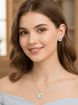 Elegant Halo Round Pendant & Stud Set - Zambeel