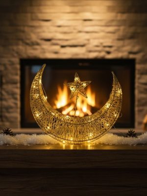 Gold Crescent Moon & Star Decorative Hanging Ornament - Zambeel