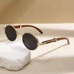 Metal Oval - Frame Sunglasses With A Wood - Grain Finish - Zambeel