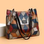 Retro Geometric Pattern Color - matching Shoulder Bag Fashion Large Capacity Stitching Handbag For Women Totes - Zambeel