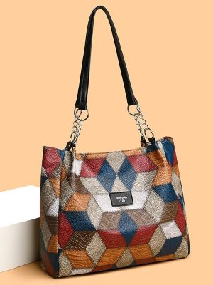 Retro Geometric Pattern Color - matching Shoulder Bag Fashion Large Capacity Stitching Handbag For Women Totes - Zambeel