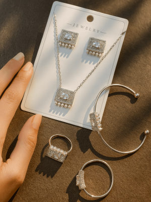Silver Rectangle Crystal & Pearl Jewelry Set - Zambeel